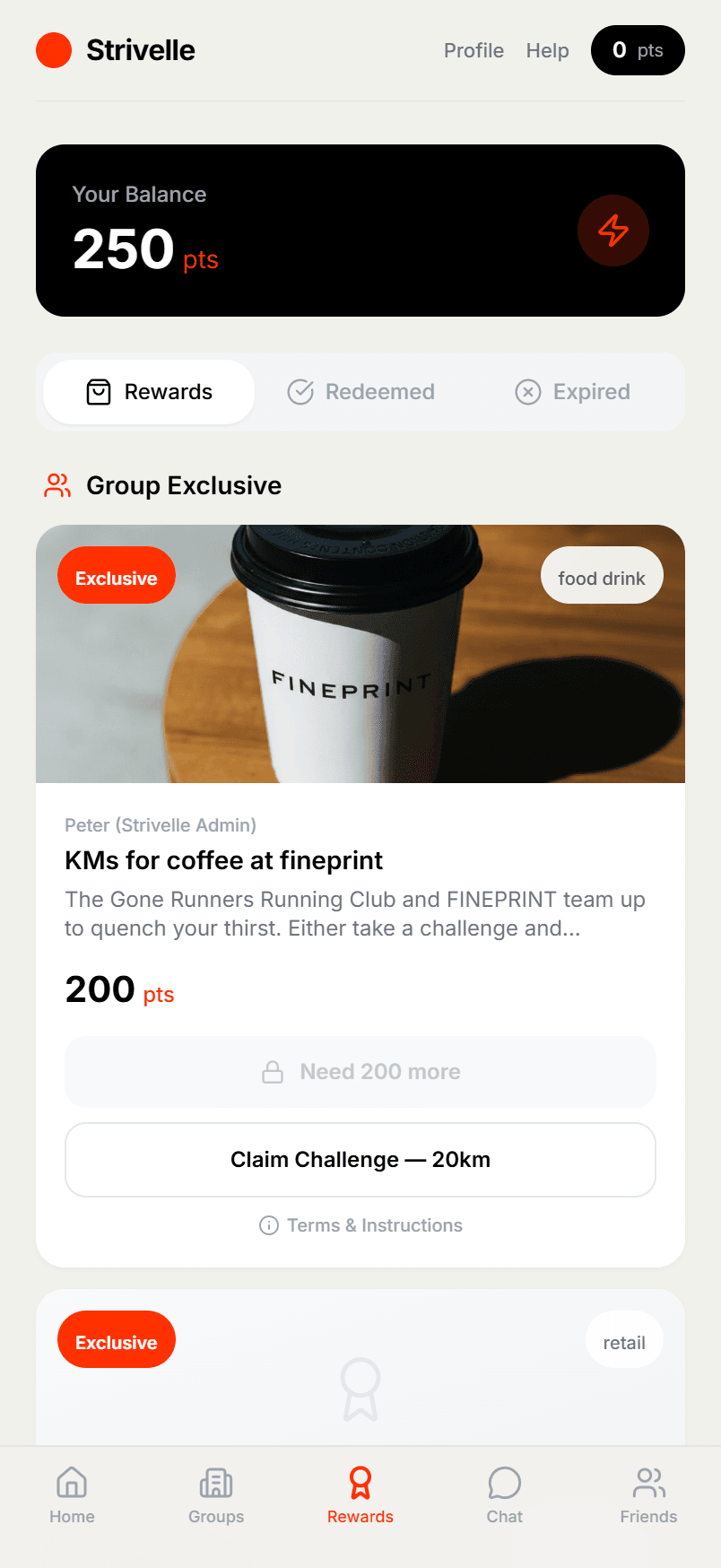 Strivelle rewards screen — partner rewards with FINEPRINT coffee challenge